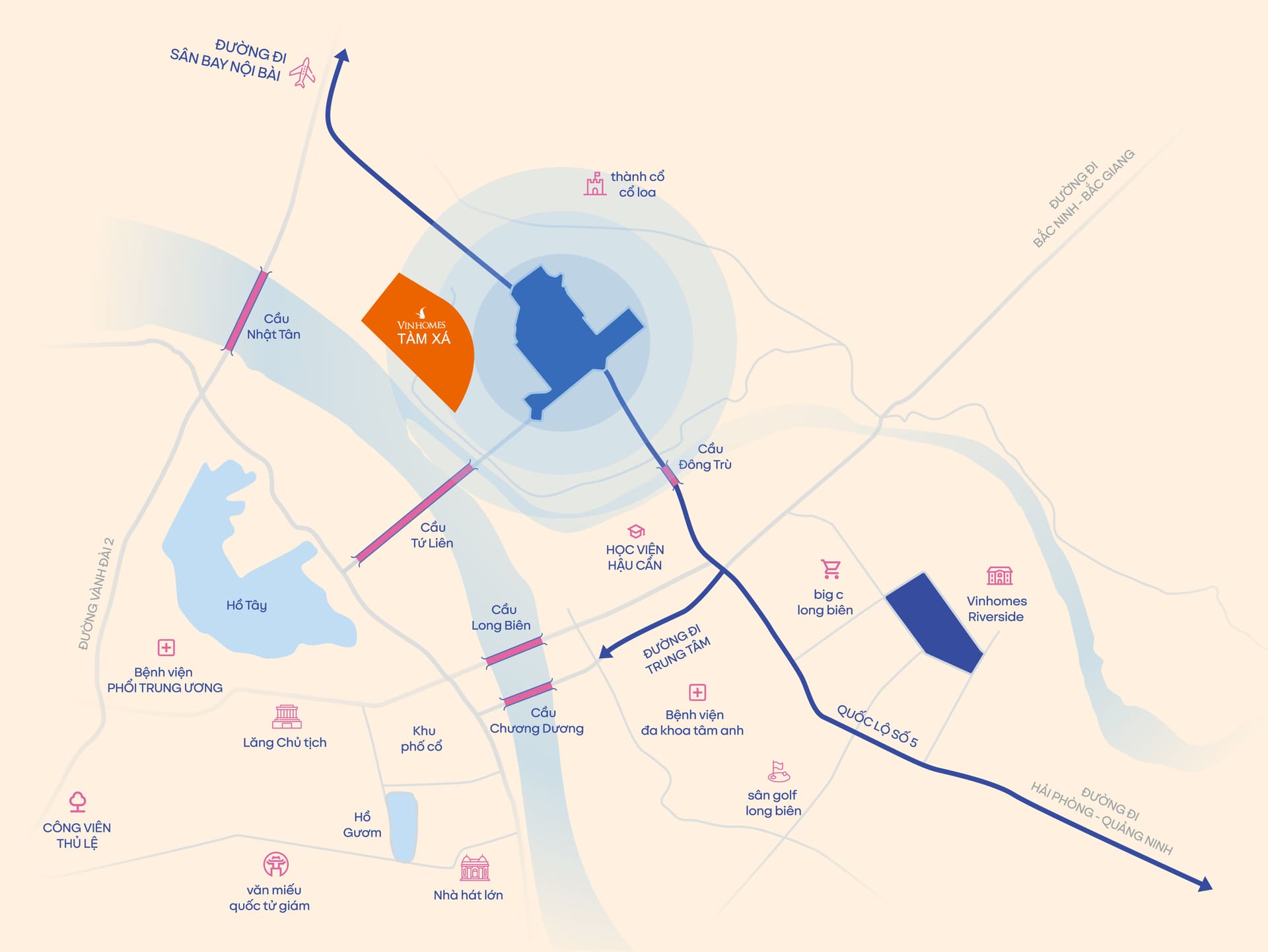 Vị trí dự án Vinhomes Tàm Xá, nằm gần cầu Nhật Tân và trục đường đi sân bay Nội Bài